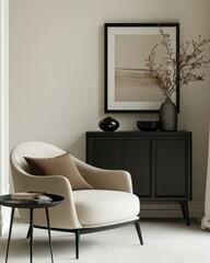 Cozy corner with armchair, side table, cabinet, and art.
