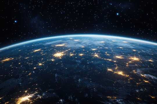 A 3D rendering of Earth viewed from space at night.