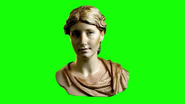 Roman statue head bust of a woman turns and comes to life, on a chroma key green screen background.