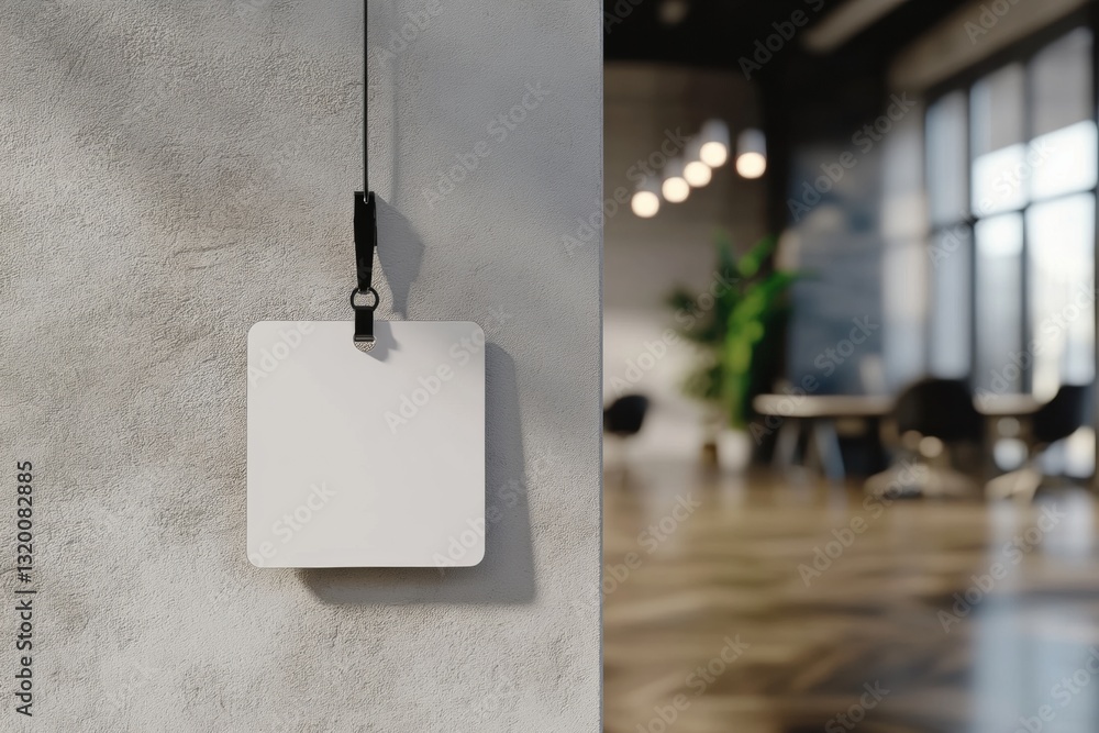 Poster Minimalist work badge hangs against a textured office wall in soft lighting for a modern and serene workspace atmosphere