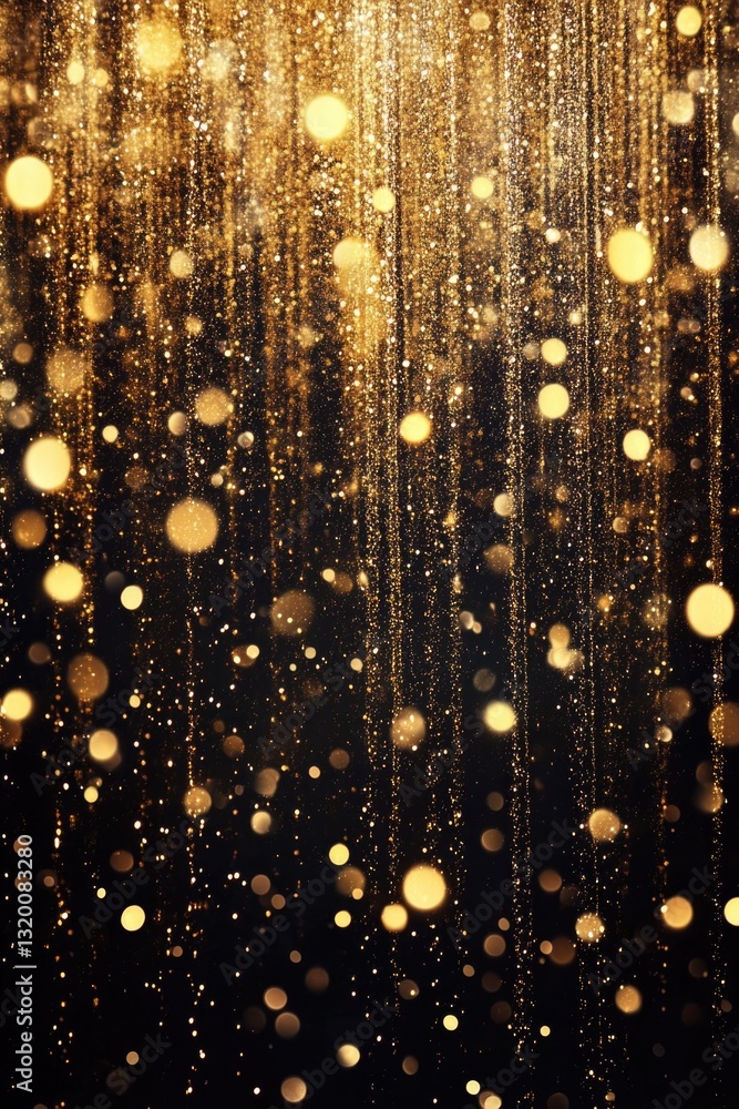 Poster a backdrop adorned with cascading golden glitter particles. descending gold confetti illuminated by 