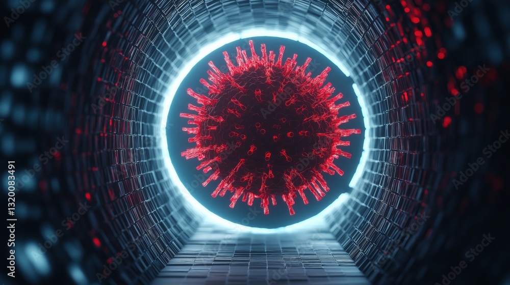 Poster futuristic visualization of a virus with vaccine implications in a high-tech environment