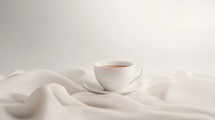 Fototapeta premium A white cup of coffee on a white cloth on a white gray background
