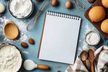 A backdrop featuring baking supplies alongside an empty notebook. Baking supplies.