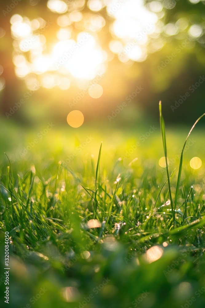 Poster a backdrop of natural grass featuring a soft bokeh effect and sunlight.