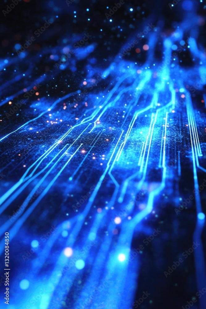 Poster a backdrop of technological elements is created by particles that glow with a blue light, forming a 