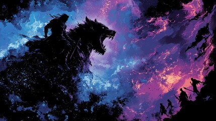 Mysterious Shadowy Figure in Black Armor Riding a Giant Beast Under Midnight Sky with Striking Colors