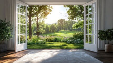 Serene Nature View Through Open Doors in Bright and Sunny Environment