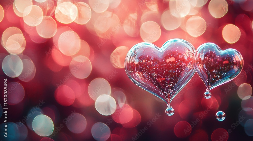 Poster Floating Glass Hearts on Red Background with Bokeh Effect