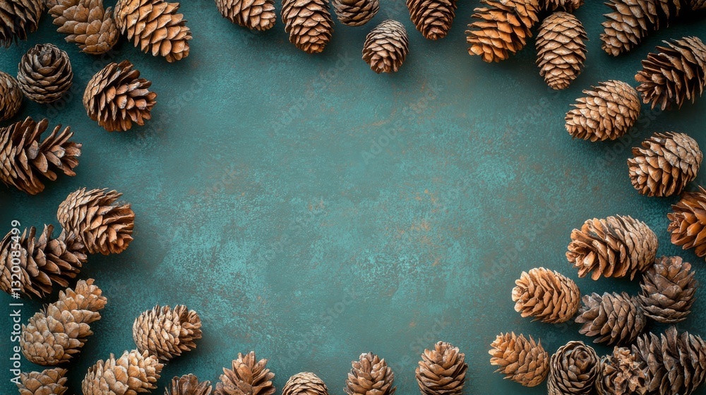 Poster pine cones border a teal background creating a lovely image