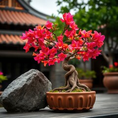 Ultra-detailed photograph of a Bougainvillea bonsai tree