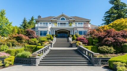 Modern Luxury Home Entrance with Clean Lines, Surrounded by Greenery, Under a Clear Blue Sky, Minimalistic and Serene Design.
