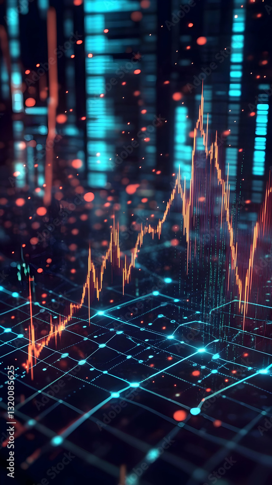 Poster abstract 3d stock market data visualization: rising candlestick chart on network grid background wit