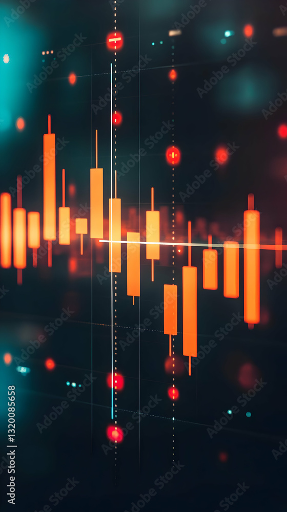 Poster abstract 3d candlestick chart visualization: stock market data illuminated with glowing orange bars 