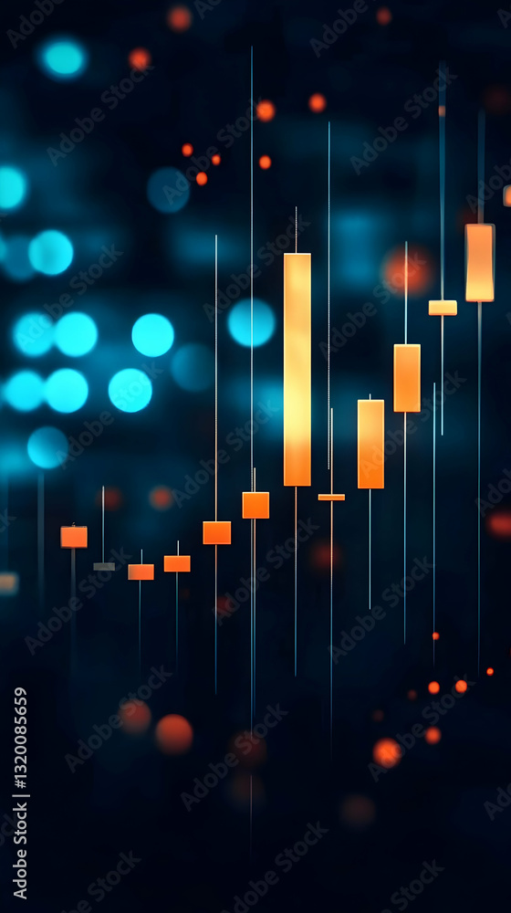Poster abstract 3d candlestick chart background: illustrating dynamic financial data with bokeh effects