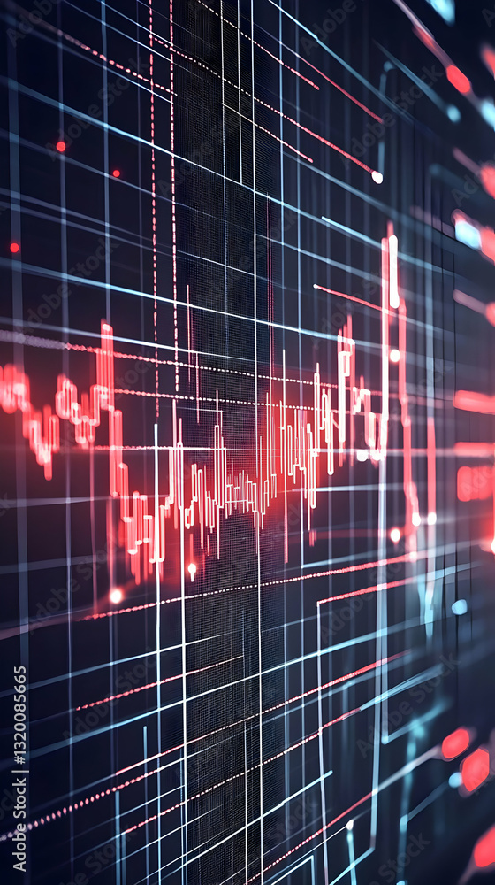 Poster abstract digital stock market data visualization: red and blue lines intersect on a dark grid backgr