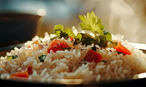 Steaming hot rice with tomatoes, herbs, and spices