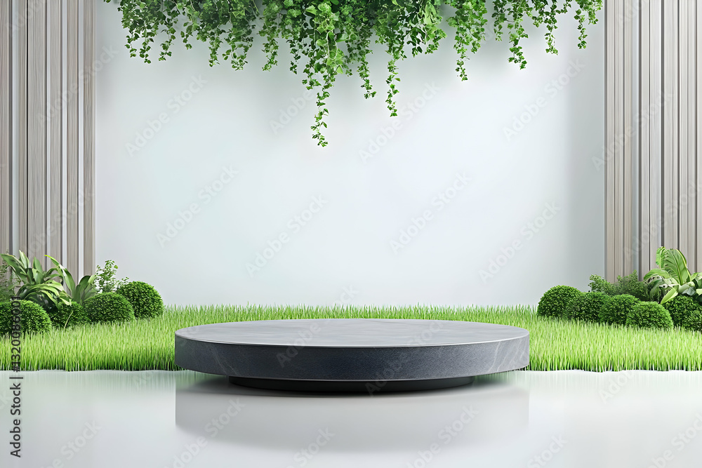 Poster 3d render of a circular stone platform in a serene garden setting with lush greenery and a white wal
