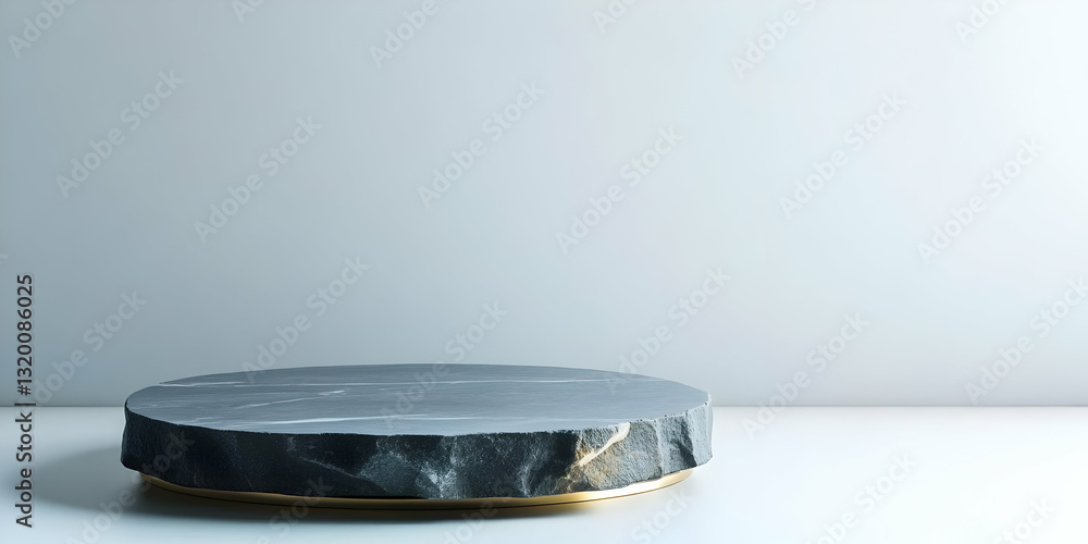 Poster 3d render of a circular stone product display platform with gold base against a minimalist light gre