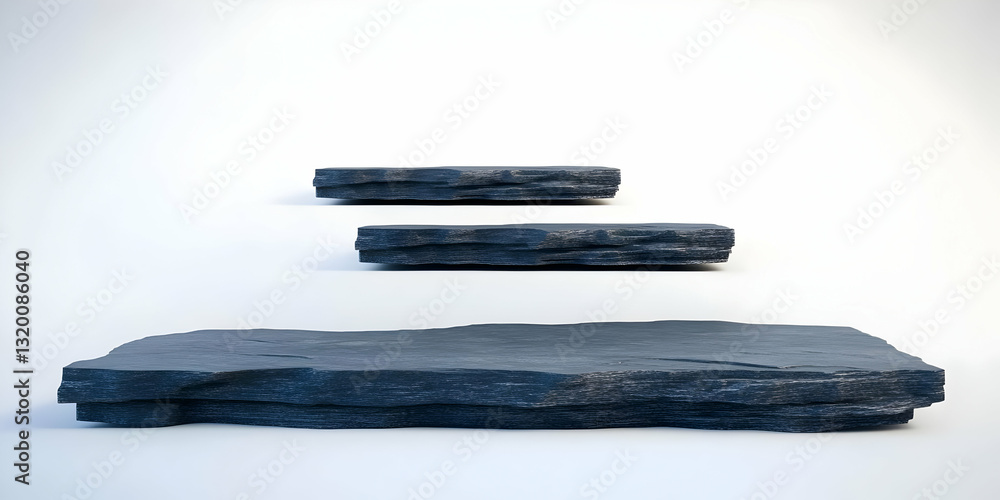Poster 3d render of stacked dark grey stone platforms on white background, ideal for product display or abs
