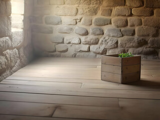 Obraz premium Rustic Wooden Box with Greenery sits on Light Wooden Floor against a Stone Wall Background, Illuminated by Soft Sunlight.