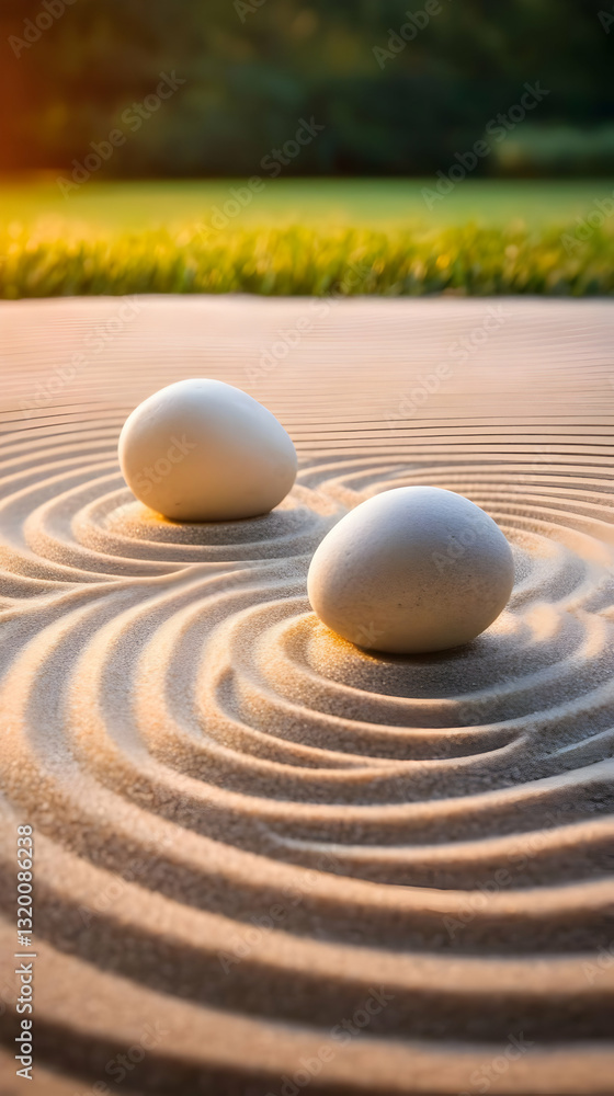 Aufkleber serene 3d render of two white stones resting on a tranquil sand garden with circular patterns at gol