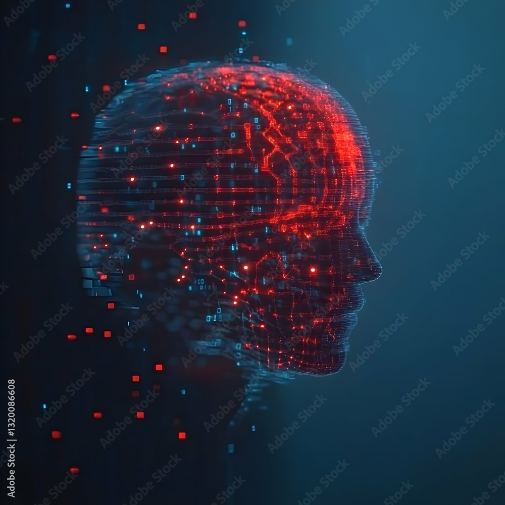 Poster abstract 3d digital head constructed of binary code, glowing with red and blue lights, against a dar