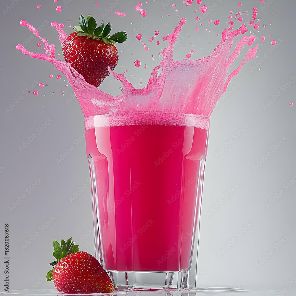 Poster vibrant strawberry juice splashing into glass, creating a dynamic and refreshing image