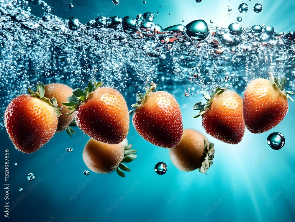 Poster vibrant red strawberries submerge in sparkling aqua background, creating a refreshing, underwater sc