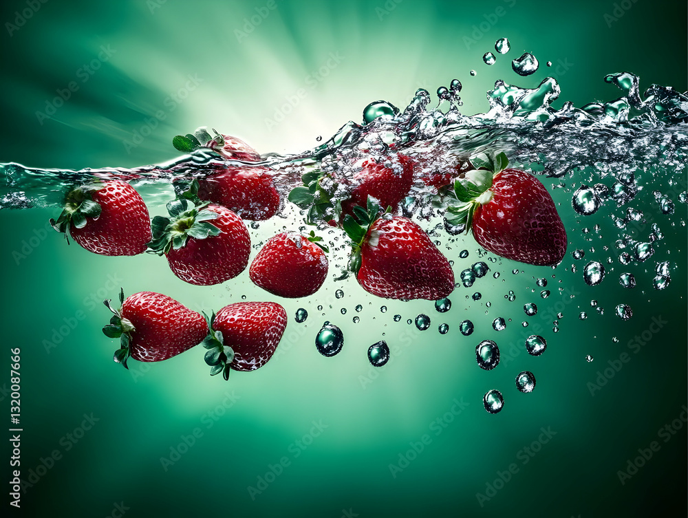 Poster vibrant red strawberries submerge in sparkling water, creating a refreshing underwater scene with ai