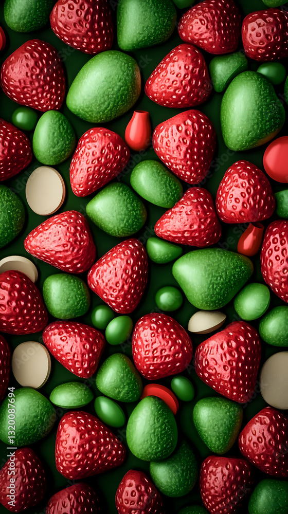 Poster 3d render of red strawberries and green shapes on dark green background: a vivid, abstract compositi
