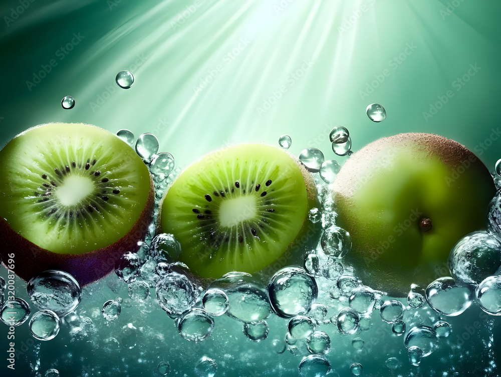 Poster refreshing kiwi slices submerged in sparkling water, creating a vibrant green abstract background