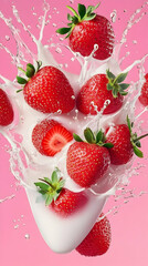 Vibrant Red Strawberries Splashing in Creamy Milk, Pink Background, Digital Illustration