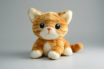 Naklejka premium Orange Striped Plush Cat Toy Portrait on Grey Background Detailed Fabric Texture and Soft Look