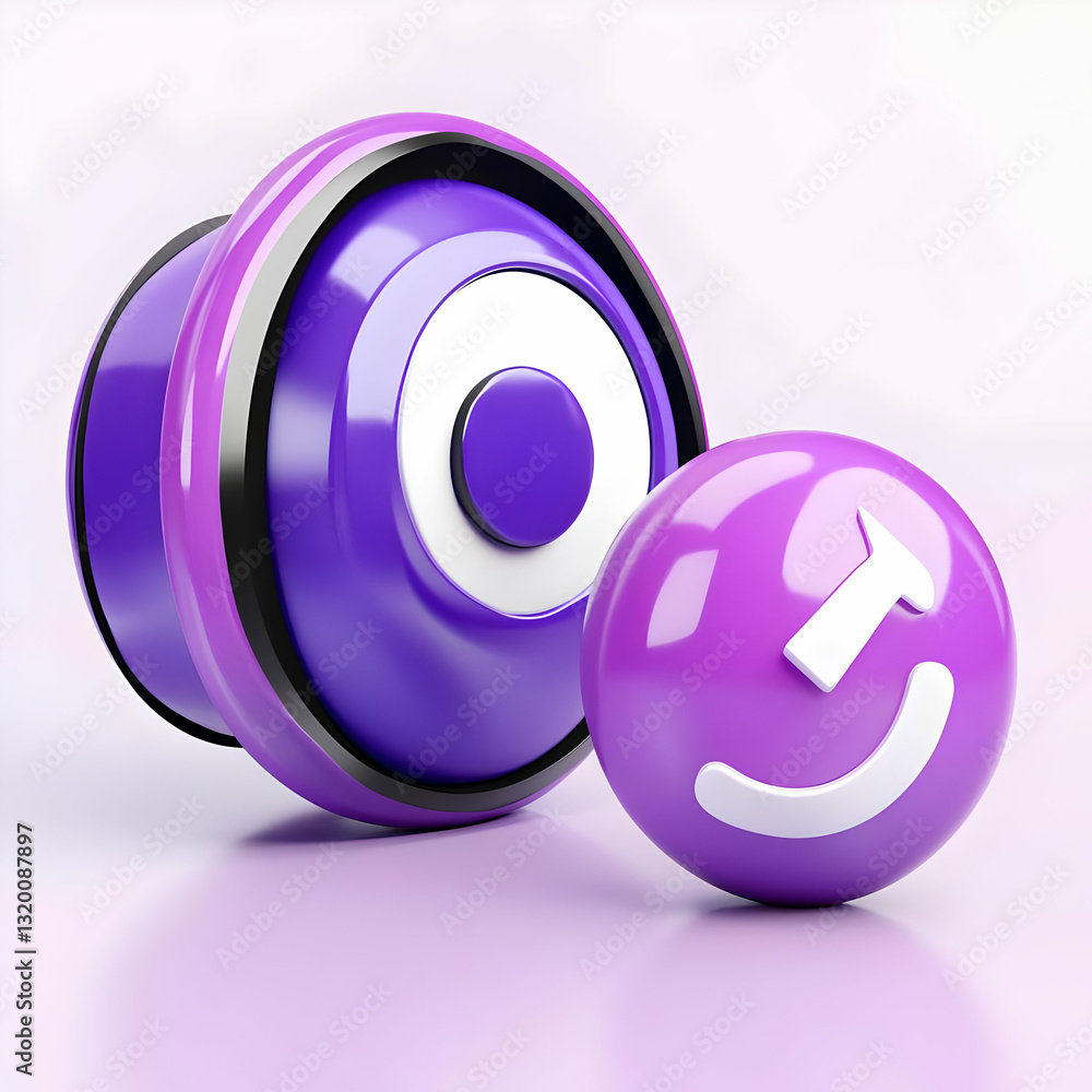 Poster abstract 3d render: purple concentric circles and smiling sphere background illustration