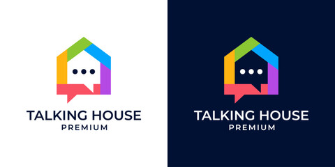 House home chat logo design vector illustration template. Modern minimalist house logo with chat or talk symbol illustration. Vector logo design of home, house, chat, talk, conversation, real estate.