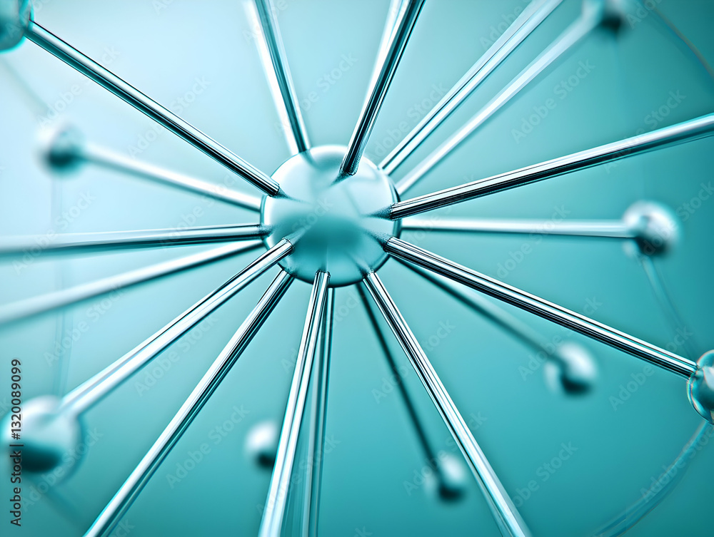 Poster abstract 3d render of a metallic molecular structure with connected spheres on a teal background, il