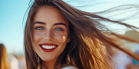 Fototapeta premium A woman with long brown hair and a red lipstick is smiling
