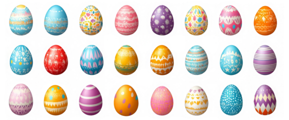 various painted Easter eggs isolated on transparent background 
