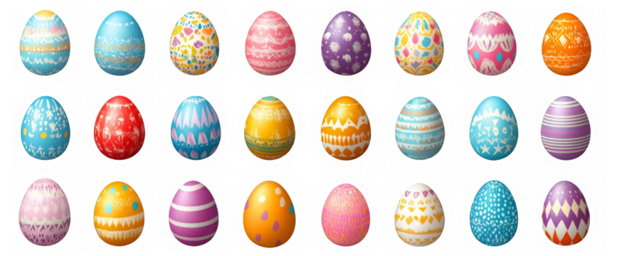 various painted Easter eggs isolated on transparent background 
