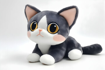 Obraz premium Adorable Plush Cat Toy with Gray and White Fur Big Golden Eyes and Pink Cheeks on a Clean White Background