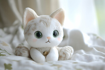 Adorable Stuffed Cat Plush Toy with White and Beige Fur and Big Green Eyes on Floral Blanket with Natural Lighting