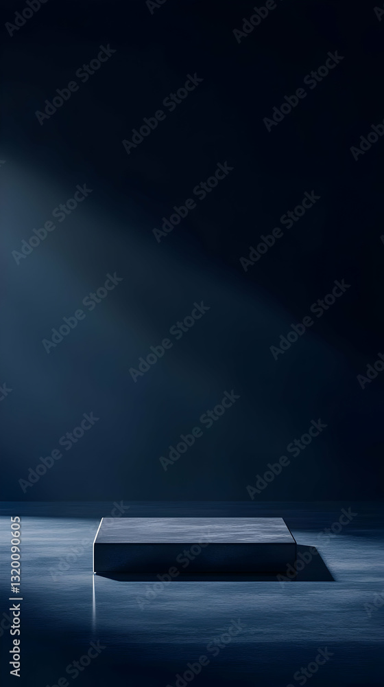 Poster Dark Blue Abstract 3D Background: A Single Square Platform Rests on a Reflective Surface, Illuminated by Subtle Light Beams.