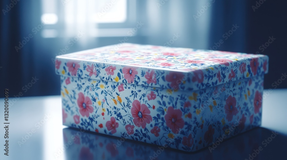 Poster decorative gift box with floral pattern in soft light on table with blurred window background
