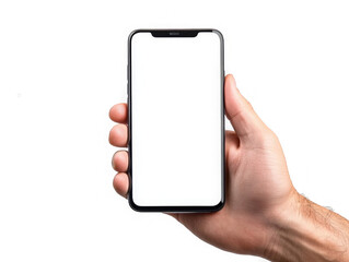 Mobile phone screen mockup in case. Hand holding smartphone display mock up isolated on white. background as transparent  
