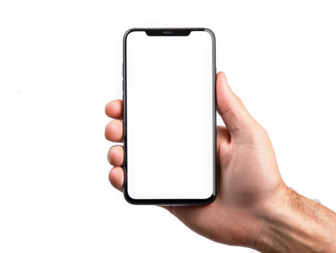 Mobile phone screen mockup in case. Hand holding smartphone display mock up isolated on white. background as transparent  
