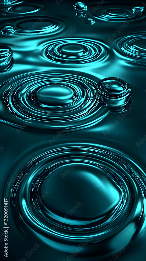 Poster 3d render of teal liquid with concentric ripples and droplets, abstract background image