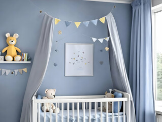 Nursery Room Interior Design: White Crib, Blue Walls, and  Decorative Bunting