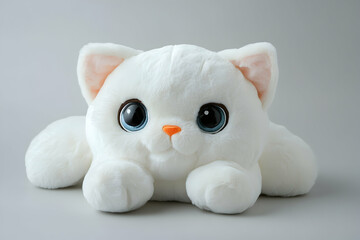 Close Up of a White Stuffed Cat Animal Toy with Big Eyes and Orange Nose on Gray Background