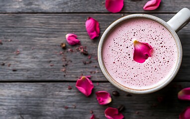 Pink Rose Latte, Coffee Drink, Floral Beverage, Rustic Background
